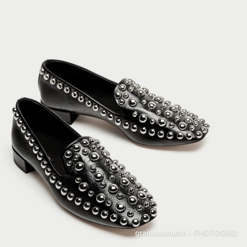 Zara Black Studded Patent Leather Loafers 37